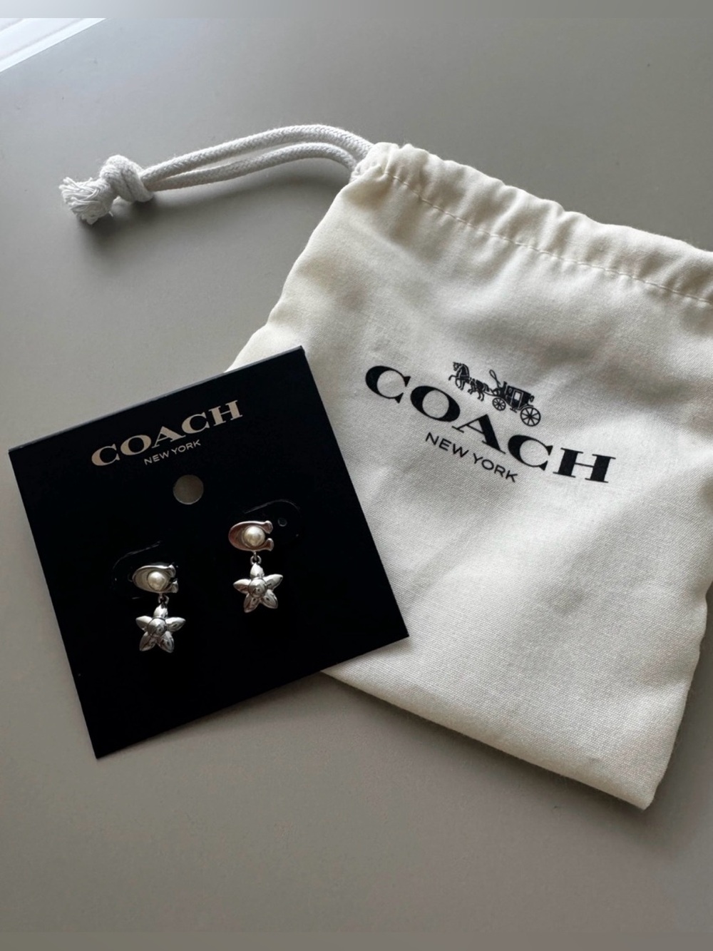 COACH Silver Floral Pearl Drop Earrings